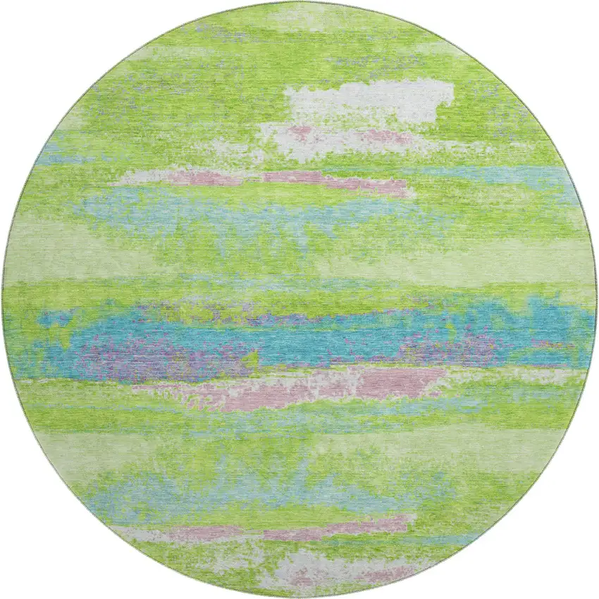 8' Lime Green Blue And Pink Abstract Washable Round Rug With UV Protection Photo 1