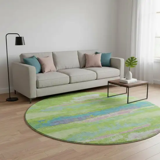 8' Lime Green Blue And Pink Abstract Washable Round Rug With UV Protection Photo 2