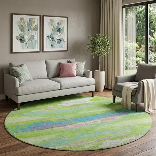 8' Lime Green Blue And Pink Abstract Washable Round Rug With UV Protection Photo 1