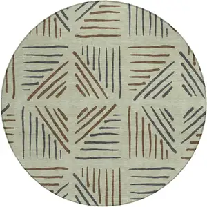 Photo of 8' Lime Green Brown And Gray Round Geometric Washable Indoor Outdoor Area Rug