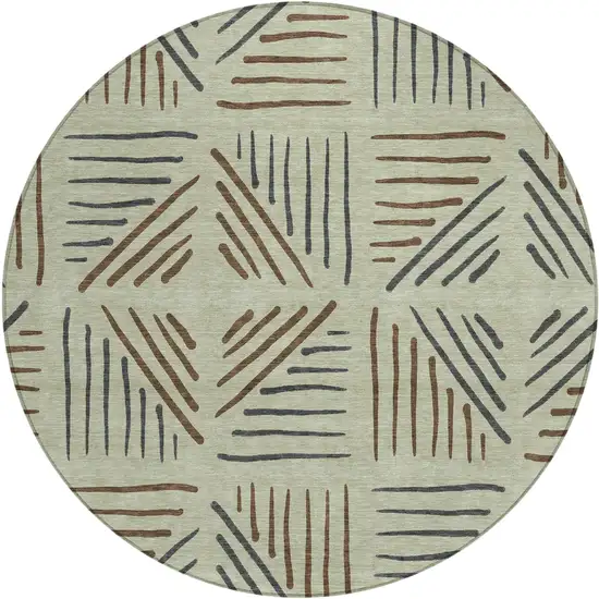 8' Lime Green Brown And Gray Round Geometric Washable Indoor Outdoor Area Rug Photo 1