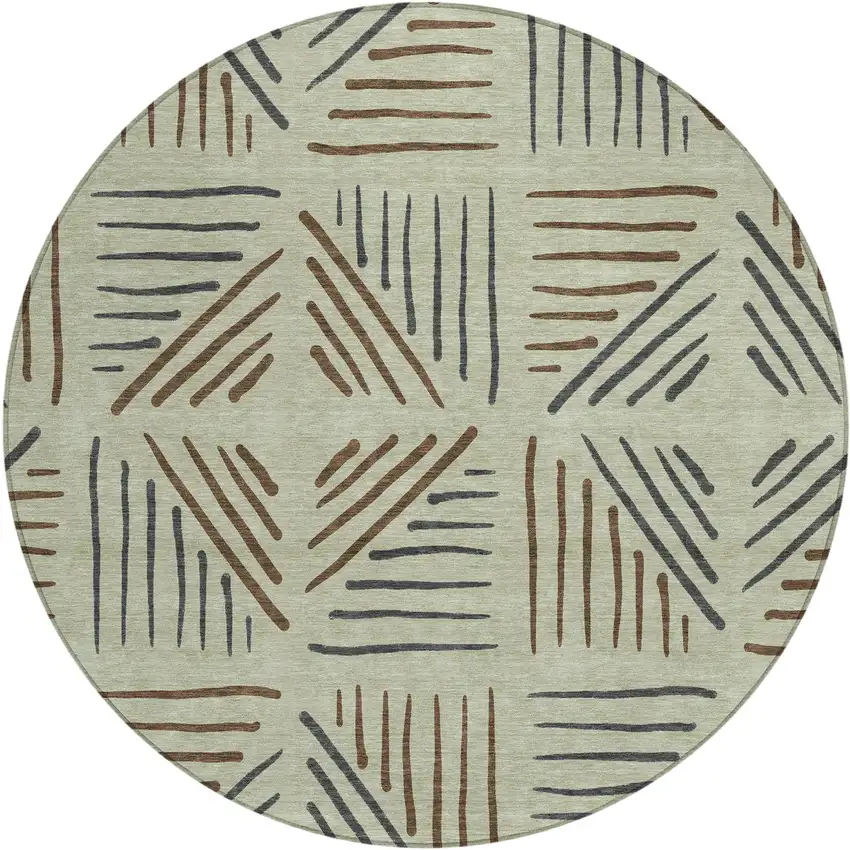8' Lime Green Brown And Gray Round Geometric Washable Indoor Outdoor Area Rug Photo 1