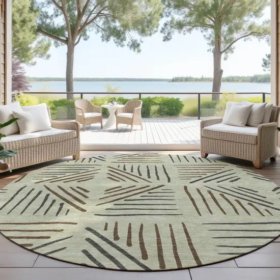 8' Lime Green Brown And Gray Round Geometric Washable Indoor Outdoor Area Rug Photo 4