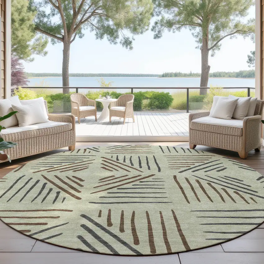 8' Lime Green Brown And Gray Round Geometric Washable Indoor Outdoor Area Rug Photo 4