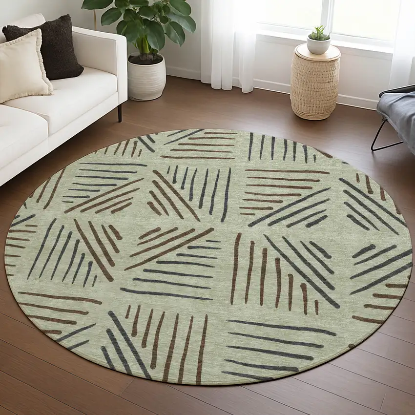 8' Lime Green Brown And Gray Round Geometric Washable Indoor Outdoor Area Rug Photo 5