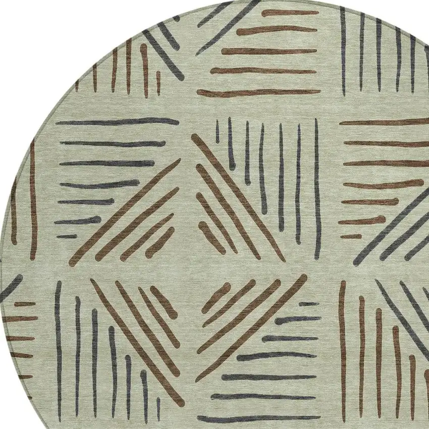 8' Lime Green Brown And Gray Round Geometric Washable Indoor Outdoor Area Rug Photo 2