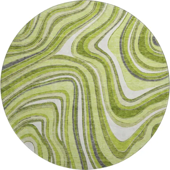 8' Lime Green Charcoal And Ivory Marble Washable Round Rug With UV Protection Photo 1