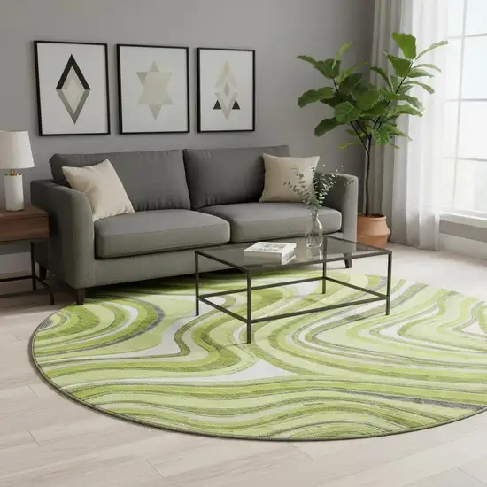 8' Lime Green Charcoal And Ivory Marble Washable Round Rug With UV Protection Photo 2