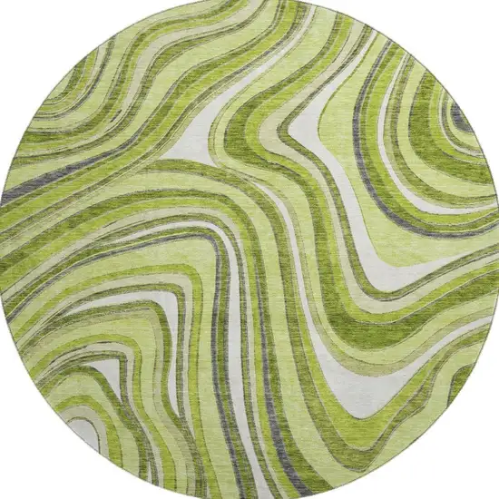 8' Lime Green Charcoal And Ivory Marble Washable Round Rug With UV Protection Photo 3