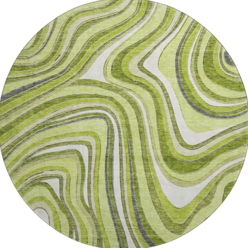 8' Lime Green Charcoal And Ivory Marble Washable Round Rug With UV Protection Photo 3