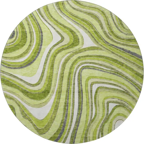 8' Lime Green Charcoal And Ivory Marble Washable Round Rug With UV Protection Photo 4