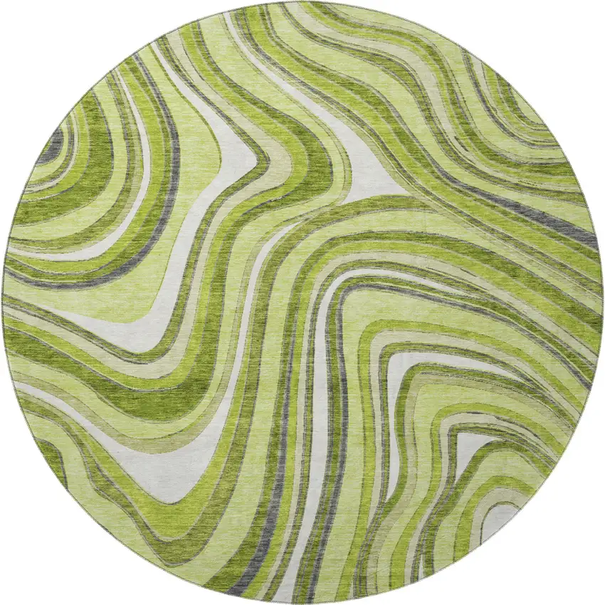 8' Lime Green Charcoal And Ivory Marble Washable Round Rug With UV Protection Photo 4