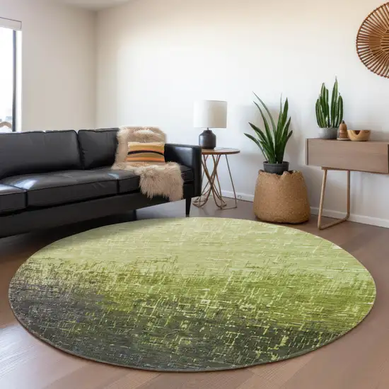 8' Lime Green Gray And Charcoal Ombre Washable Round Rug With UV Protection Photo 4