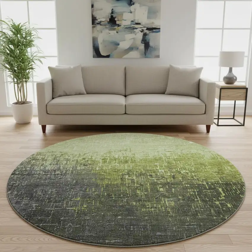 8' Lime Green Gray And Charcoal Ombre Washable Round Rug With UV Protection Photo 2