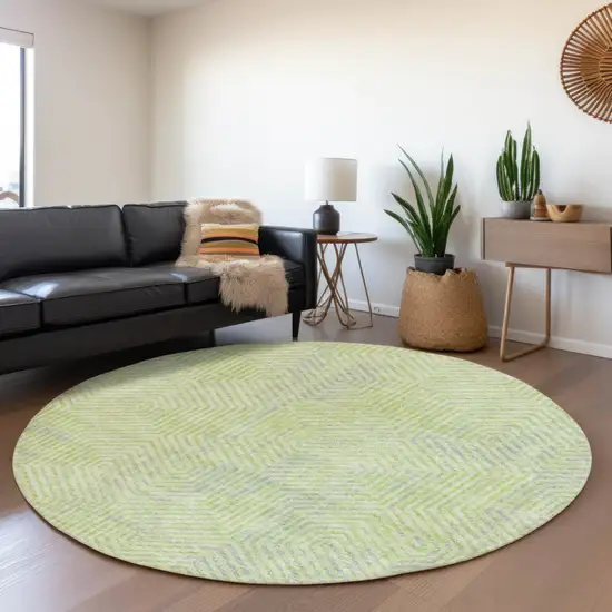 8' Lime Green Gray And Ivory Round Geometric Washable Indoor Outdoor Area Rug Photo 7