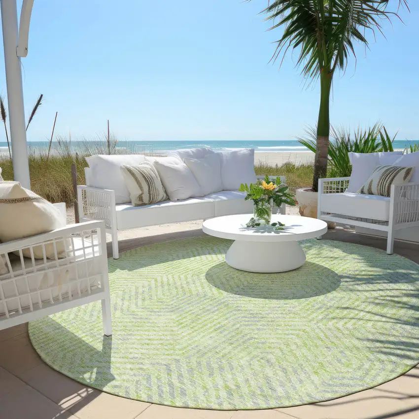 8' Lime Green Gray And Ivory Round Geometric Washable Indoor Outdoor Area Rug Photo 6