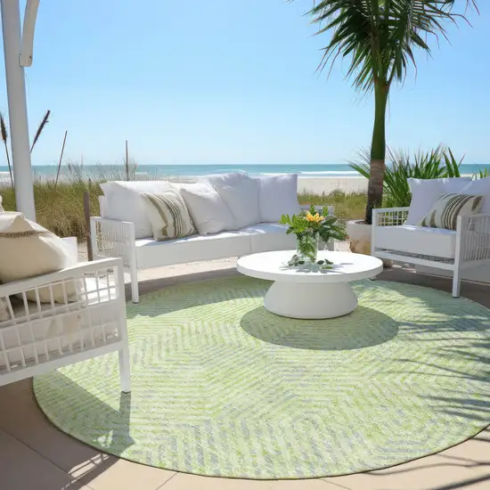 8' Lime Green Gray And Ivory Round Geometric Washable Indoor Outdoor Area Rug Photo 6
