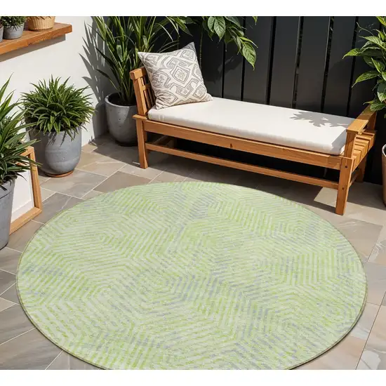 8' Lime Green Gray And Ivory Round Geometric Washable Indoor Outdoor Area Rug Photo 1