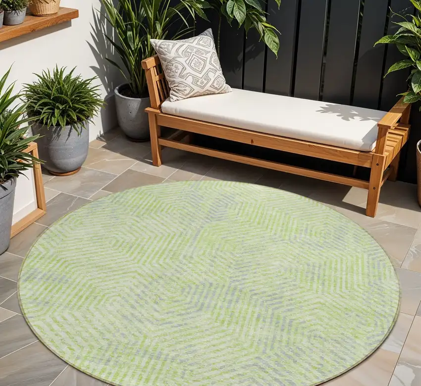 8' Lime Green Gray And Ivory Round Geometric Washable Indoor Outdoor Area Rug Photo 1