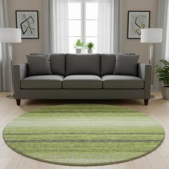 8' Lime Green Gray And Ivory Striped Washable Round Rug With UV Protection Photo 2