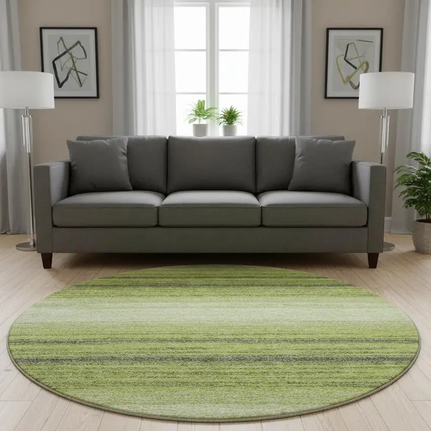 8' Lime Green Gray And Ivory Striped Washable Round Rug With UV Protection Photo 2