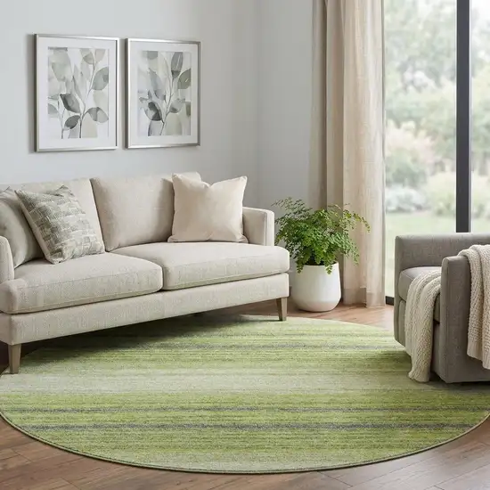 8' Lime Green Gray And Ivory Striped Washable Round Rug With UV Protection Photo 1