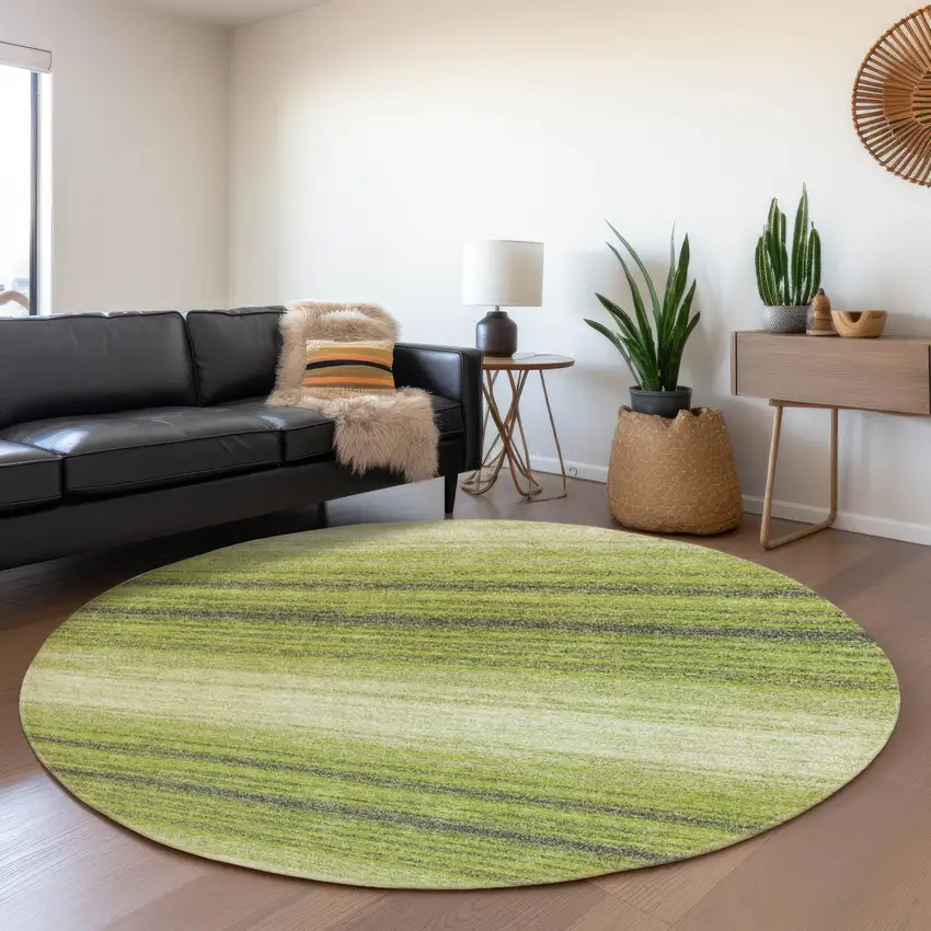 8' Lime Green Gray And Ivory Striped Washable Round Rug With UV Protection Photo 4