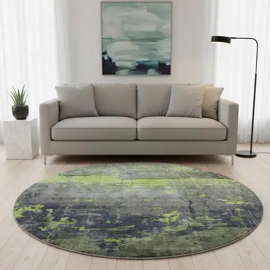 8' Lime Green Gray And Silver Abstract Washable Round Rug With UV Protection Photo 2