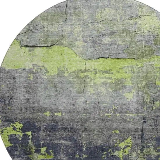 8' Lime Green Gray And Silver Abstract Washable Round Rug With UV Protection Photo 2