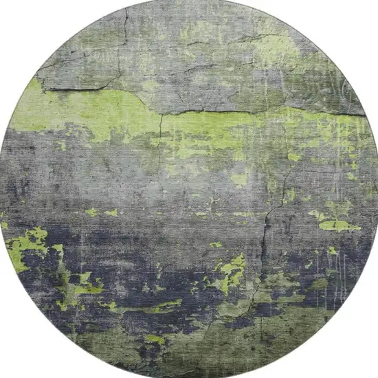 8' Lime Green Gray And Silver Abstract Washable Round Rug With UV Protection Photo 3