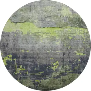 Photo of 8' Lime Green Gray And Silver Abstract Washable Round Rug With UV Protection