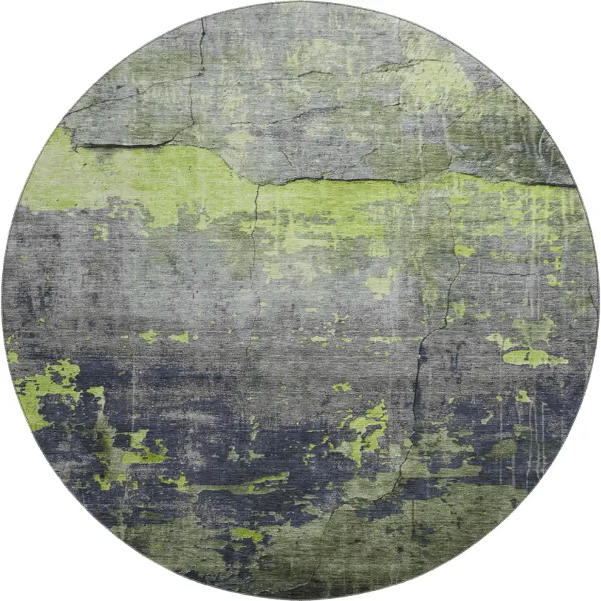 8' Lime Green Gray And Silver Abstract Washable Round Rug With UV Protection Photo 1