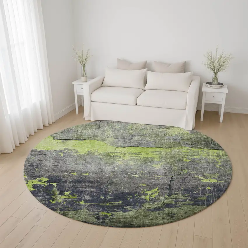 8' Lime Green Gray And Silver Abstract Washable Round Rug With UV Protection Photo 4
