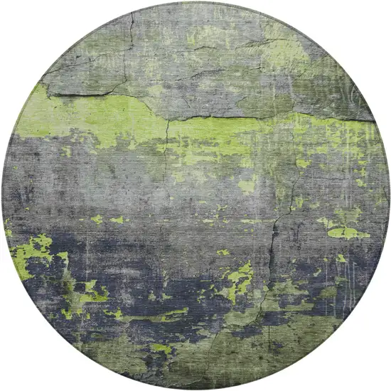 8' Lime Green Gray And Silver Round Abstract Washable Indoor Outdoor Area Rug Photo 1