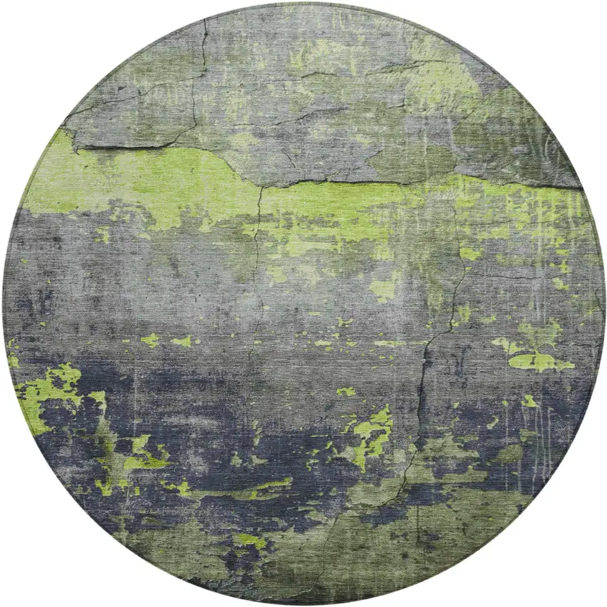 8' Lime Green Gray And Silver Round Abstract Washable Indoor Outdoor Area Rug Photo 1
