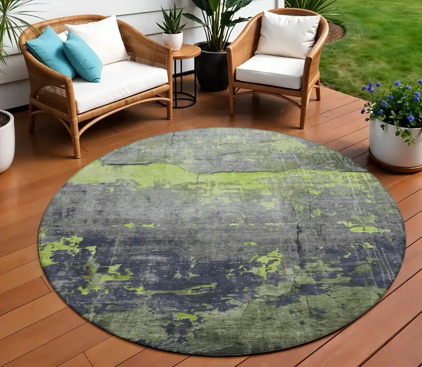 8' Lime Green Gray And Silver Round Abstract Washable Indoor Outdoor Area Rug Photo 2
