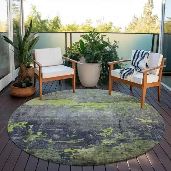 8' Lime Green Gray And Silver Round Abstract Washable Indoor Outdoor Area Rug Photo 5