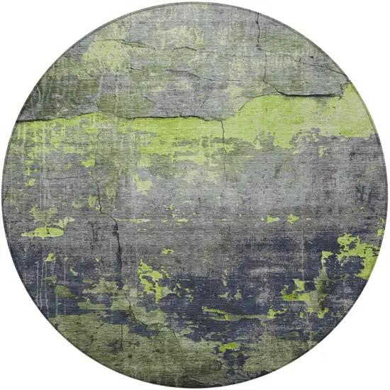 8' Lime Green Gray And Silver Round Abstract Washable Indoor Outdoor Area Rug Photo 3