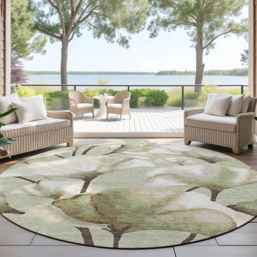 8' Lime Green Ivory And Beige Round Botanical Leaves Washable Indoor Outdoor Area Rug Photo 4