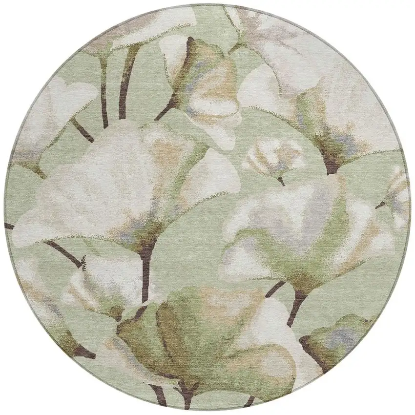 8' Lime Green Ivory And Beige Round Botanical Leaves Washable Indoor Outdoor Area Rug Photo 2