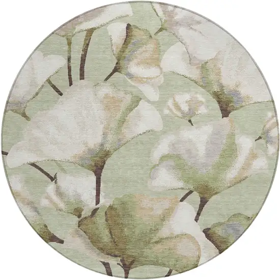 8' Lime Green Ivory And Beige Round Botanical Leaves Washable Indoor Outdoor Area Rug Photo 1