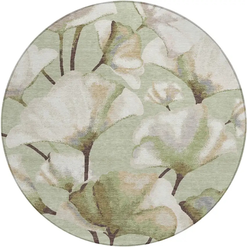 8' Lime Green Ivory And Beige Round Botanical Leaves Washable Indoor Outdoor Area Rug Photo 1