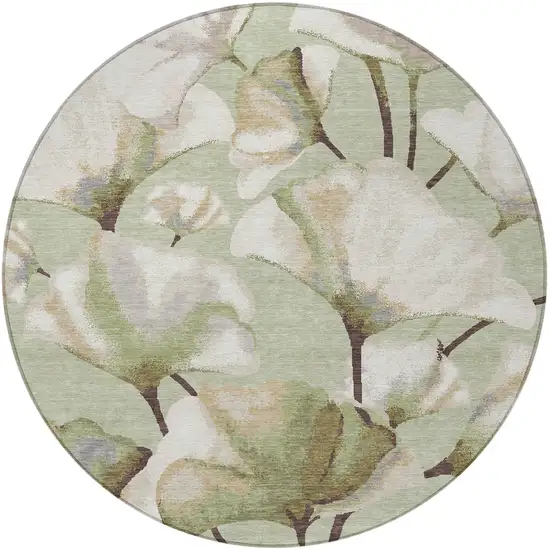 8' Lime Green Ivory And Beige Round Botanical Leaves Washable Indoor Outdoor Area Rug Photo 3