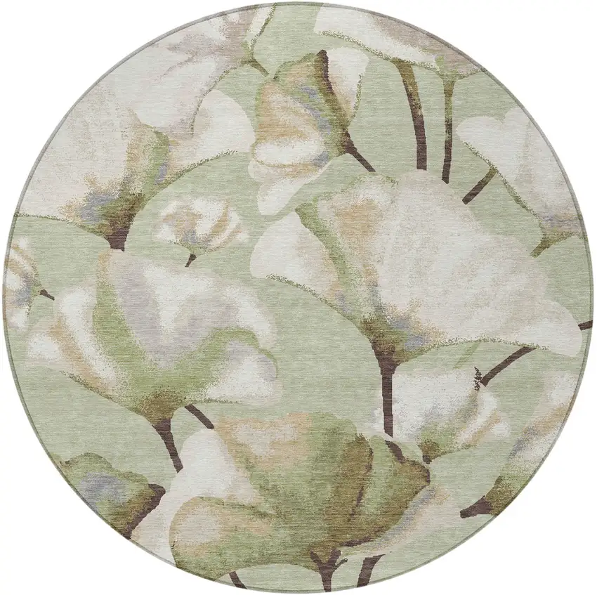 8' Lime Green Ivory And Beige Round Botanical Leaves Washable Indoor Outdoor Area Rug Photo 3