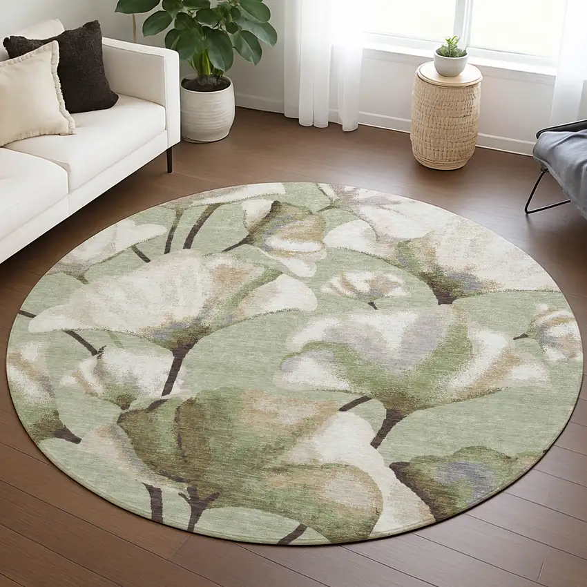 8' Lime Green Ivory And Beige Round Botanical Leaves Washable Indoor Outdoor Area Rug Photo 5