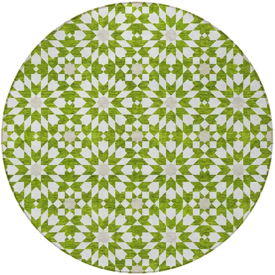 8' Lime Green Ivory And Beige Round Floral Medallion Washable Indoor Outdoor Area Rug Photo 6