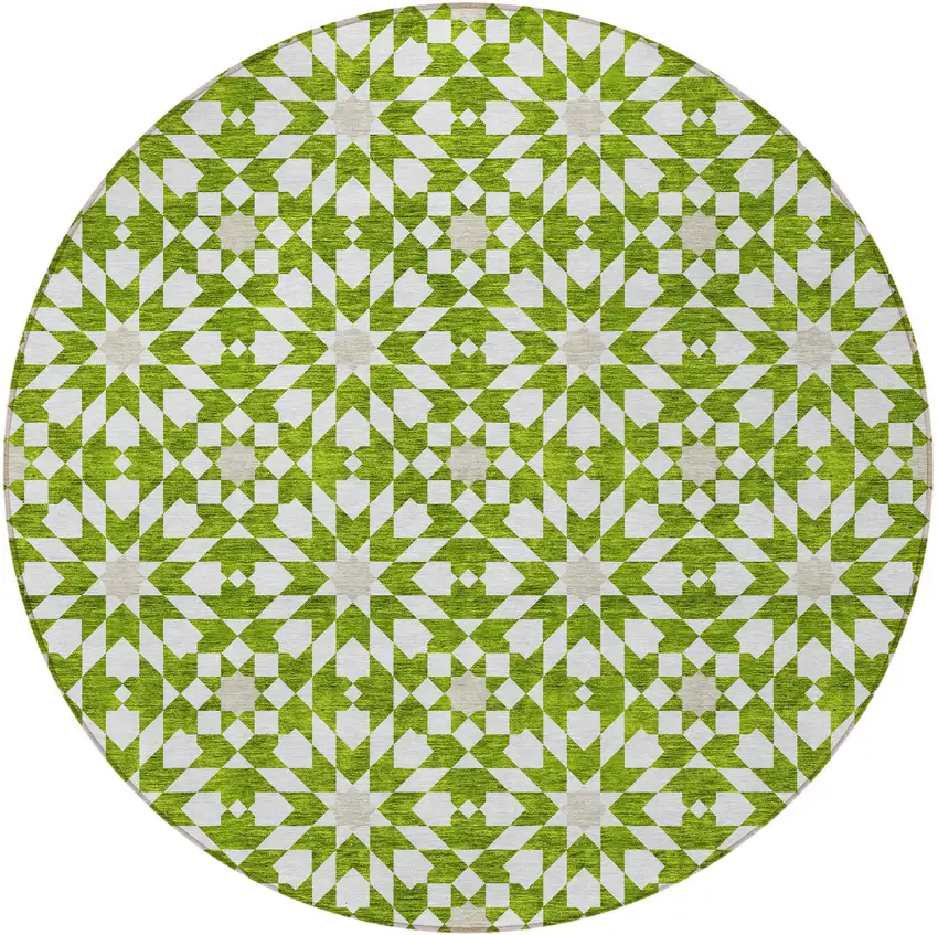 8' Lime Green Ivory And Beige Round Floral Medallion Washable Indoor Outdoor Area Rug Photo 6
