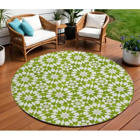 8' Lime Green Ivory And Beige Round Floral Medallion Washable Indoor Outdoor Area Rug Photo 1