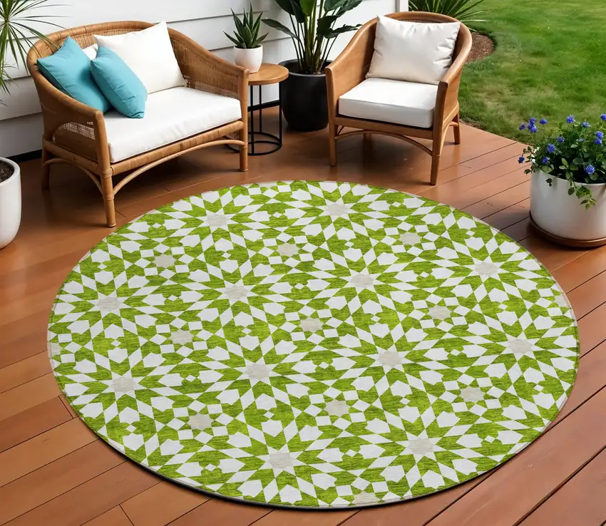 8' Lime Green Ivory And Beige Round Floral Medallion Washable Indoor Outdoor Area Rug Photo 1