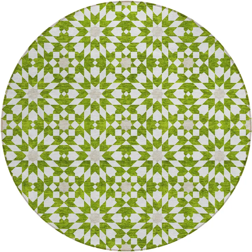 8' Lime Green Ivory And Beige Round Floral Medallion Washable Indoor Outdoor Area Rug Photo 2